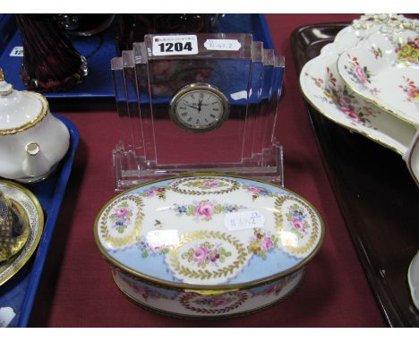 A Waterford Glass Mantel Clock, on a stepped base, (Waterford etched on base; together with an oval shaped pottery trinket bo