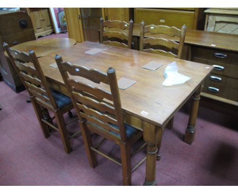 An Oak Rectangular Refectory Table, on turned and block supports; together with a set of four ash ladder back chairs with dro