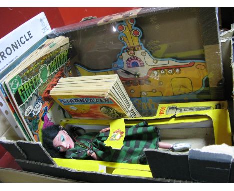 Pelham Puppet of Lady in Green &amp; Black Check Dress, comics, yellow submarine clock,Henry Sandon signed chronicle, torch.