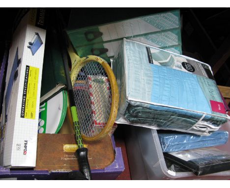 Suit Covers, 'Bed in a Bag', bed sheet etc; together with DVD's, tennis racket, walking stick:- Two Boxes