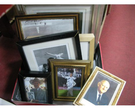 Cricket Books - Including Cardus, Lindwall, framed cigarette cards, prints bearing signatures including:- Boycott, Bird, True