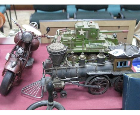 Modern Tinplate Model Motorbike, Steam Locomotive and Military Tank. (3)