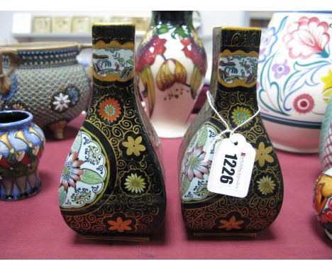 A Pair of Late XIX Century Ashworth/Mason's Ironstone Vases, of square section with stylised floral decoration on a black gro