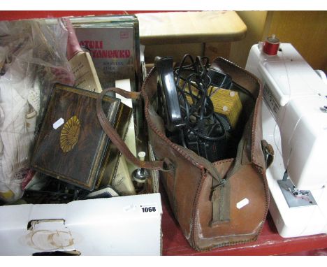 Linens, Tools, Records, Duns watercolour of train, Toyota sewing machine, hoe, shovel.