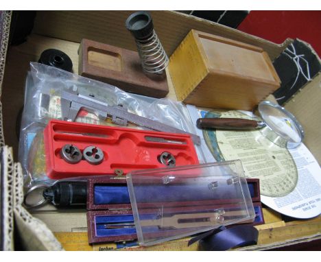 Dividers, rulers, Mitutoyo Vernier scale, micrometer magnifier, etc:- One Box