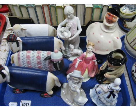 Danish Fisherman Decanter, Doulton figurine and Winston Churchill toby jar, novelty sheep, etc:- One Tray