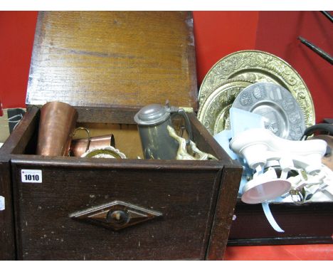 Scales, copper tankards, brass ware, shoe box etc.