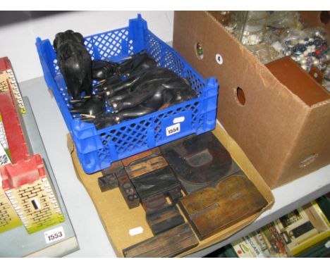 A Quantity of Ebonized Model Elephants; plus various printers wooden letters.