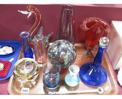 Mottles Glass Ball, blue glass liqueur decanter, Caithness and other coloured glassware:- One Tray