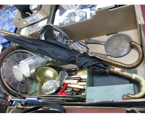 Silver Hand Mirror, cutlery, WMF textured vase, umbrella, walking stick, etc:- One Box