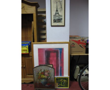 J. Lines Mixed Media Floral Study in Firescreen, 'The Hustler' lobby print, large abstract print and pair of French scene pri