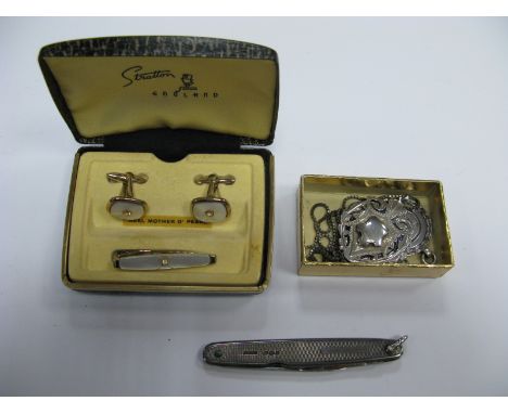 A Two Blade Folding Pocket Knife, with hallmarked silver scales, hallmarked silver medallion pendants and a cased cufflink se