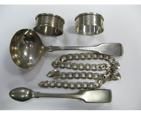 A Hallmarked Silver Fiddle Pattern Sauce Ladle, a pair of hallmarked silver napkin rings, chain, etc.