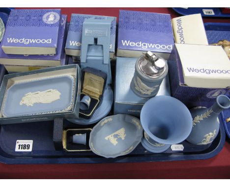 Wedgwood Jasper Ware, boxed trinkets, lighter, vases, thimbles etc:- One Tray