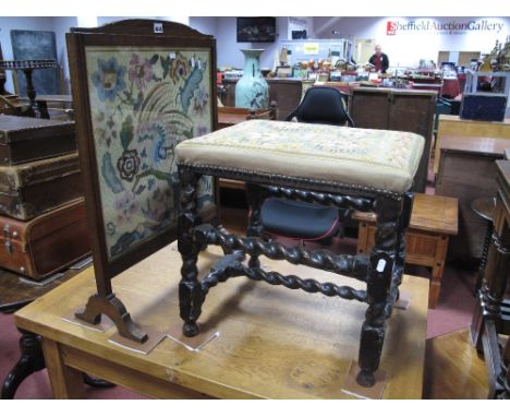 Oak Stool, with barleytwist supports to tapestry top (wormed); oak framed firescreen with needlework panel. (2)