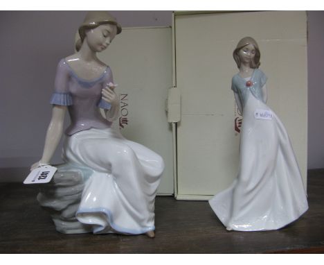 Nao Pottery Figurine of Lady, admiring flower impressed 1392, 27.5cm high, another smaller.