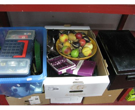 Stainless Steel Cutlery, tea set, tool box and contents, bowl of fruit centrepiece:- Two Boxes and a black painted strong box