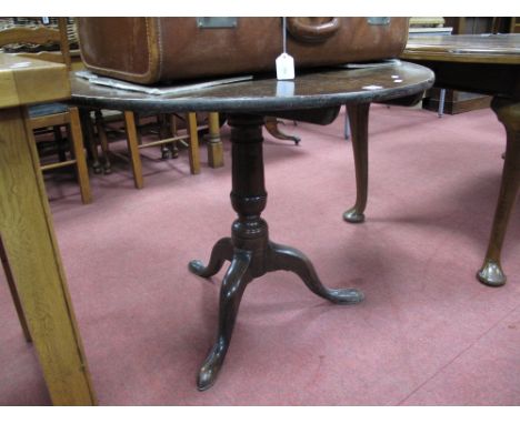 Georgian Period Pedestal Table, with snap action to circular oak top, on turned support and tripod legs.