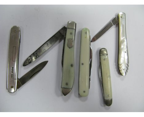 Five Pen/Fruit Knives, with silver, bone and mother of pearl scales. (5)