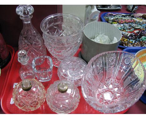 Conical Glass Decanter, cut glass bowl, Campagna vase, figures, etc:- One Tray