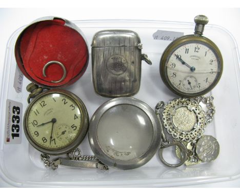 Ingersoll Crown Openface Pocketwatches, a hallmarked silver vesta case (converted to a lighter), coin pendants, "David" brace