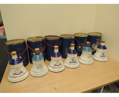 Six Wade Royal Decanters containing Bells Old Scotch Whisky, 1988 Birth of Princess Beatrice x2, 1990 Queen Mother's 90th Bir