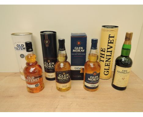 Four bottles of Single Malt Scotch Whisky, Old Pultney 12 Year Old, Glen Moray x2 and The Glenlivet 12 Year Old, all 40% vol 