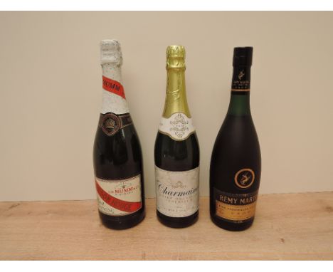 Three bottles of Alcohol, G H Mumm Cordon Rouge Brut Champagne 12% vol 750ml, Remy Martin VSOP Fine Champagne Cognac 40% vol 