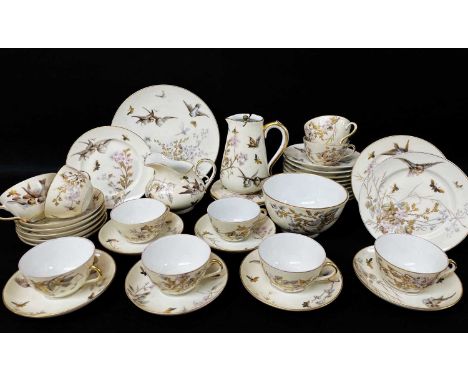 CONTINENTAL PORCELAIN PART TEA SERVICE, c 1870's, printed and coloured with birds, insects and flowers in the Japanese style 