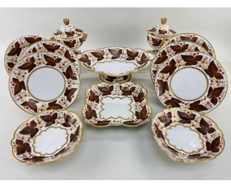 WORCESTER FLIGHT BARR & BARR PART DESSERT SERVICE decorated in brown vine leaf decoration, comprising six plates, pair of sau
