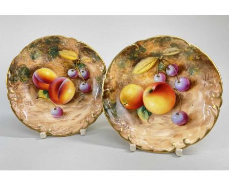 PAIR OF ROYAL WORCESTER FALLEN FRUIT BONE CHINA PIN DISHES, signed 'Roberts', hand-painted with fruit, both signed, 11cms dia
