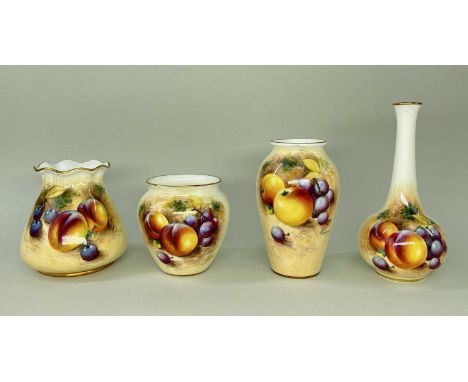 FOUR PIECES OF ROYAL WORCESTER FALLEN FRUIT BONE CHINA, signed 'Roberts', comprising four hand-painted vases, shape numbers 2