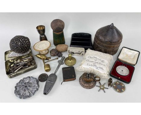 VARIOUS CABINET OBJECTS OF CURIOSITY including sequined cushion 'The Marriage of James and Sarah 24th May 1884', a tobacco ti