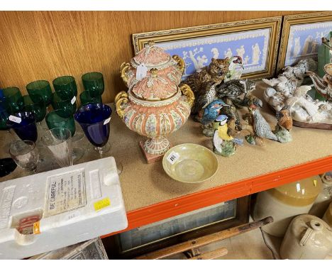 CHARITY LOT: ASSORTED COLLECTIBLES, including Ruskin porcelain lustre dish, EPNS tea set, embroidered silk ship picture HMS S