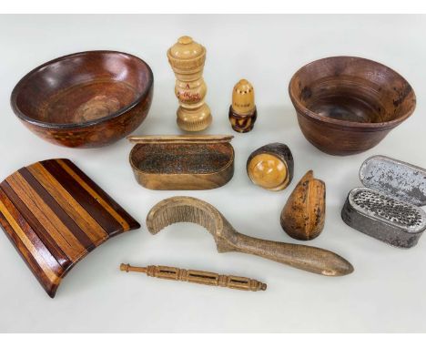 ASSORTED TREEN &amp; FOLK ART, including carved vegetable ivory pepperette and souvenir needle case inscibed 'A Present from 