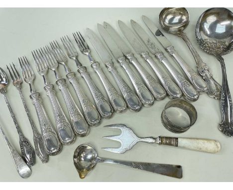 SILVER PLATED CUTLERY & FLATWARE, comprising Christofle set of six knives and forks, pickle fork, ladles ETC together with a 