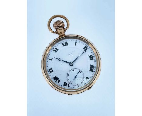 BUREN 9CT GOLD KEYLESS WIND POCKET WATCH, Birmingham 1922, white enamel roman dial with subsid. secs, dam indistinctly signed