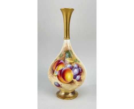 ROYAL WORCESTER FALLEN FRUIT BONE CHINA VASE, signed 'Roberts', shape 307H, decorated with peaches and grapes, with gilt base