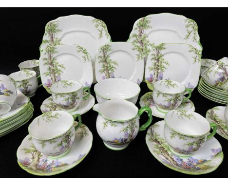ROYAL ALBERT BONE CHINA 'GREENWOOD TREE' TEA SERVICE FOR TWELVE, comprising twelve cups, twelve saucers, twelve side plates, 