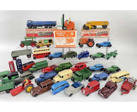 ASSORTED VINTAGE PLAYWORN DIE-CAST VEHICLES comprising boxed Dinky Toys Coventry Climax Fork Lift Truck 14c, boxed Dinky Supe