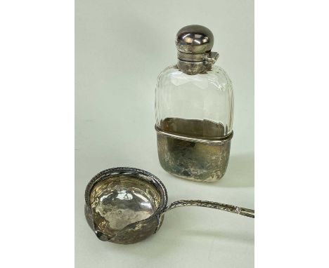 GEORGE V SILVER FLASK &amp; GEORGIAN TODDY LADLE, glass flask with faceted sides and hinged screw closure, 13cm; ladle with b