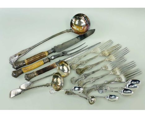 ASSORTED SILVER &amp; EPNS FLATWARE, including EPNS B-initialed soup ladle, pair fiddle pattern sauce ladles, and 6 Albert pa