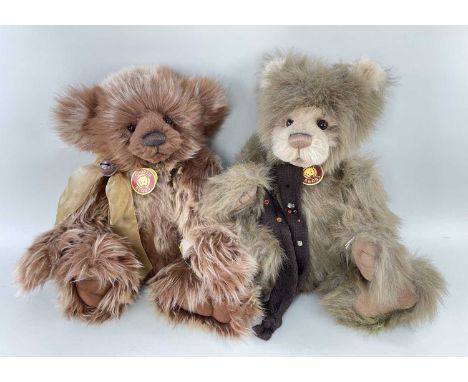 2 CHARLIE BEARS - 'Howard', CB625132, brown with yellow highlights, bell and bow, 46cm h; 'Beamer', CB131320, greyish brown, 