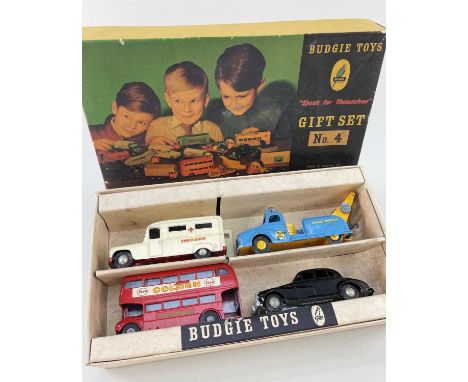 BUDGIE TOYS BOXED GIFT SET No. 4, comprising Daimler Ambulance, Breakdown Truck, Wolseley Police Car, Route master Bus, in or