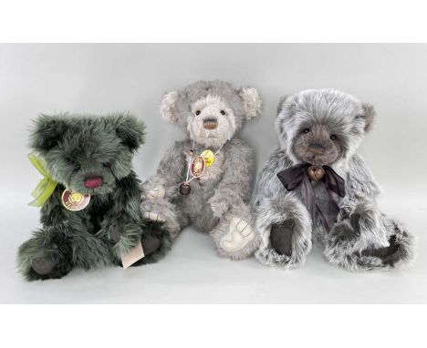 3 CHARLIE BEARS - 'Ivy', CB614990, dark green, bow and bell, 35cm h; 'Buddy' (limited edition 2425 of 3000), grey, bow and be