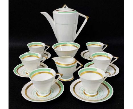 STYLISH SHELLEY ART DECO-STYLE BONE CHINA TEA SERVICE, of geometric conical shape decorated in gilt and green banding, compri