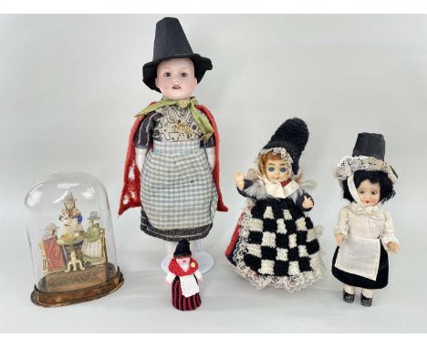 WELSH DOLLS GROUP comprising bisque head doll girl with open mouth and eyes wearing traditional Welsh costume of skirt, apron