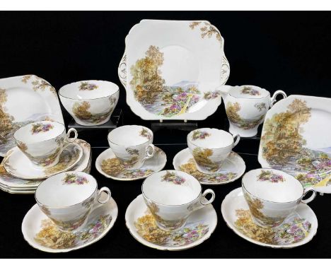 SHELLEY FINE BONE CHINA 'HEATHER' TEA SET, comprising six cups and saucers, cream jug, sucrier, six side plates and a sandwic