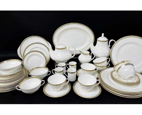 ROYAL DOULTON 'CLARENDON' PATTERN BONE CHINA SERVICE, including teapot, coffee pot, six dinner plates, seven cups and saucers