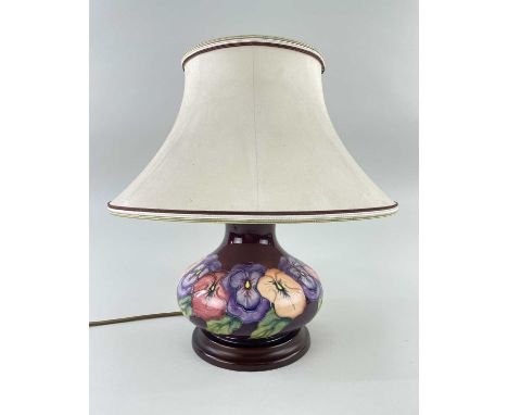 MOORCROFT POTTERY FLORAL TABLE LAMP & SHADE ready to use with flex and switch, of bellied form with short neck, mounted to ci